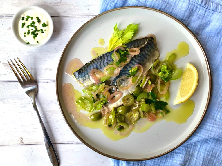 Marinated Mackerel, Green Olive & Celery Dressing